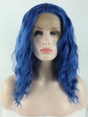 14" Short Blue Wavy Synthetic Lace Front Wig-Everyday Wigs