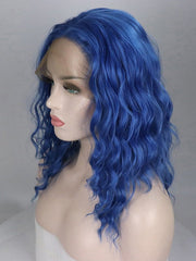 14" Short Blue Wavy Synthetic Lace Front Wig-Everyday Wigs