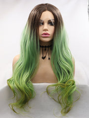 Ombre Green Wavy Synthetic Lace Front Wig-Everyday Wigs