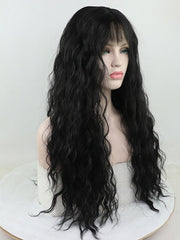 Black Wavy Synthetic Lace Front Wig with Bangs - Everyday Wigs