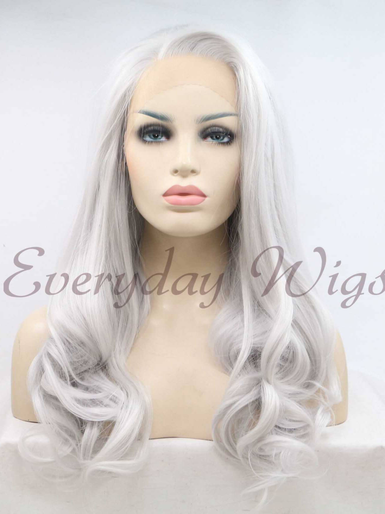 Grey Long Wavy Synthetic Lace Front Wig - Everyday Wigs