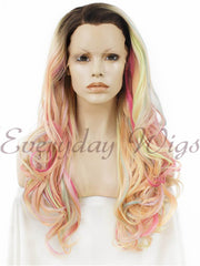 Long Rainbow Wavy Synthetic Lace Front Wigs - Everyday Wigs