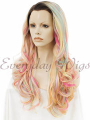 Long Rainbow Wavy Synthetic Lace Front Wigs - Everyday Wigs