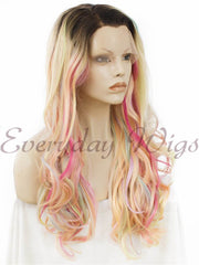 Long Rainbow Wavy Synthetic Lace Front Wigs - Everyday Wigs