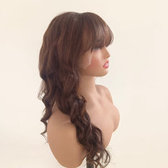 Long Wavy Brown mixed Human Lace Front Wigs With Bangs Remy Natural Human Hair Wigs - Everyday Wigs