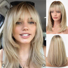 Ombre Blonde Layered Straight Hair Wig with Bangs - Everyday Wigs