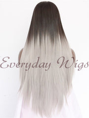 Ombre Grey Synthetic Lace Front Wig with Bangs-Everyday Wigs