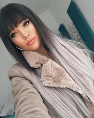 Ombre Grey Synthetic Lace Front Wig with Bangs-Everyday Wigs