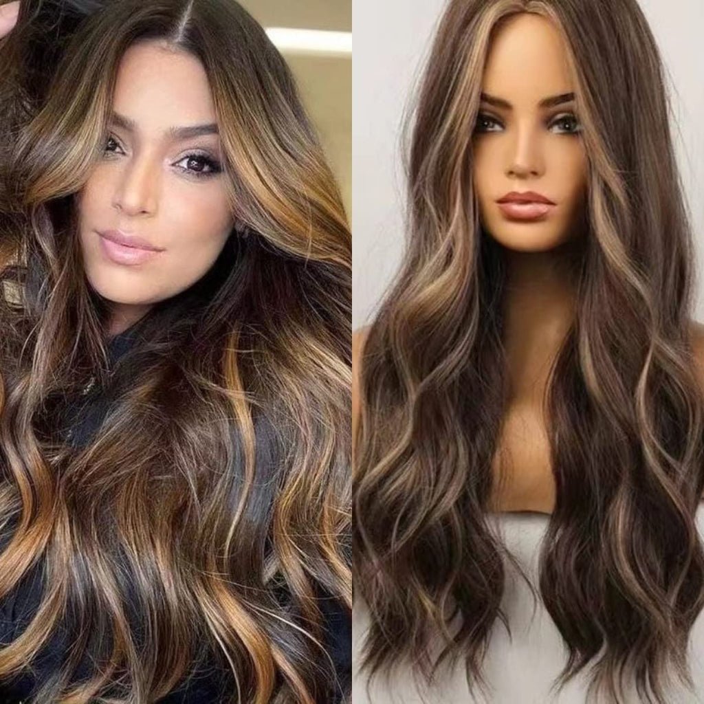 Ombre Highlight Brown Highlight Long Length Human Hair Wigs - Everyday Wigs