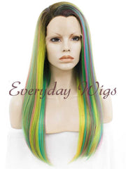 Rainbow Long Straight Synthetic Lace Front Wigs - Everyday Wigs