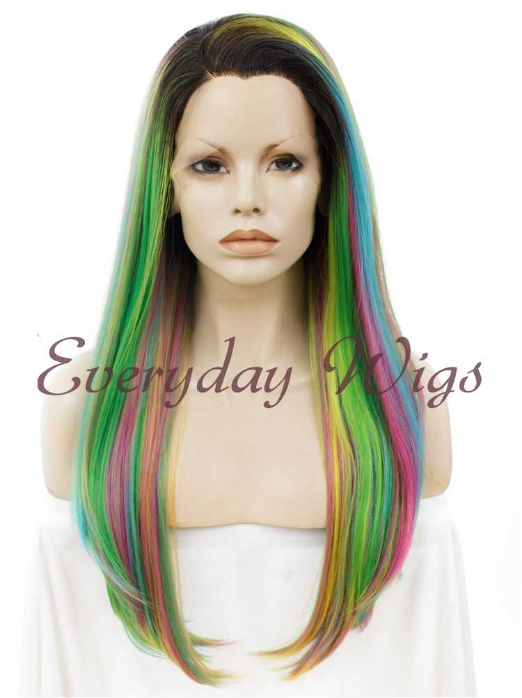 Rainbow Long Straight Synthetic Lace Front Wigs - Everyday Wigs